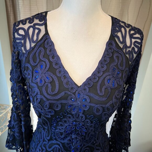 NWT JS Collections Royal Blue/Black Bell Sleeve Soutache Cocktail Dress, Size 2 - Picture 5 of 16